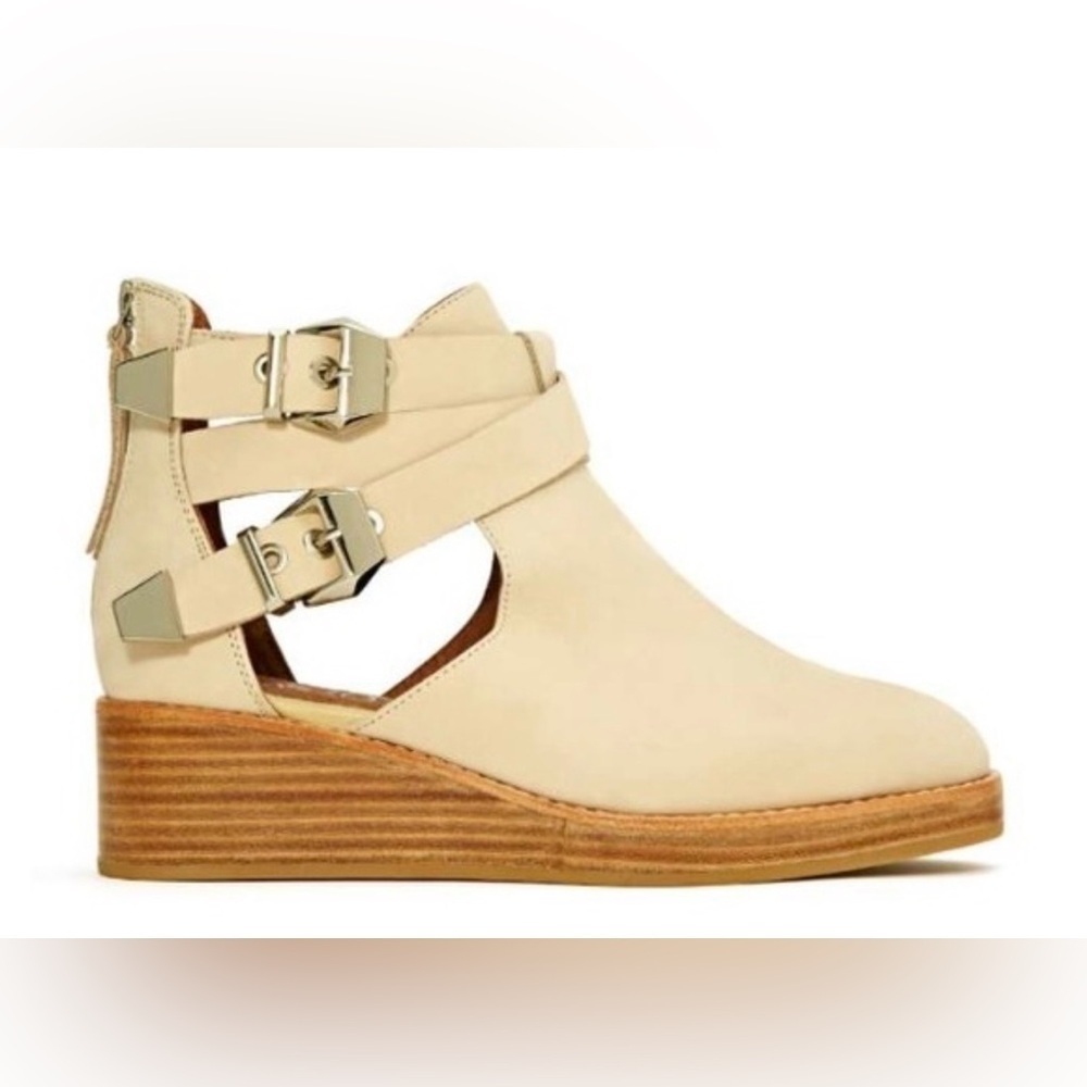 JEFFREY CAMPBELL Ibiza Ankle Wedge Bootie 9.5 Beige Leather Nubuck Silver Buckle
